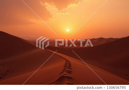 Sand dunes in sunlight, deserted desert red hills, sun and sky. AI Generative 130656795