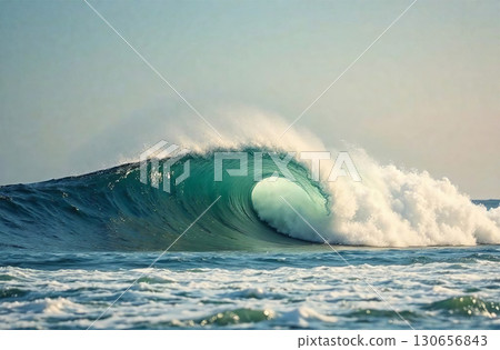 Blue ocean wave, white sea foam, seascape, deserted sandy beach. AI Generative Blue ocean wave, white sea foam, seascape, deserted sandy beach. AI Generative 130656843