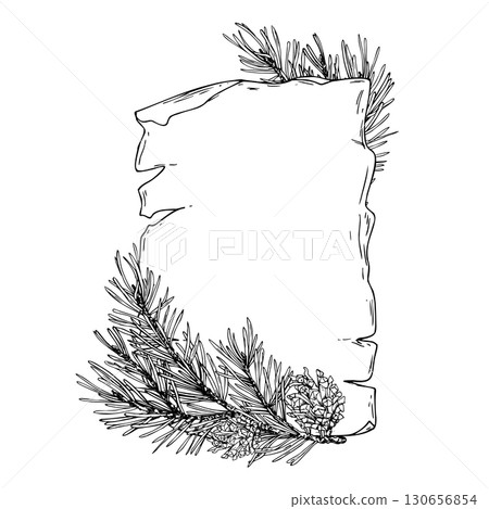 Hand drawn ink line art Christmas template with spruce branches and pinecones on scroll, elegant black and white holiday frame illustration for greeting cards and festive seasonal design. Hand drawn ink line art Christmas template with spruce branches and pinecones on scroll, elegant black and white holiday frame illustration for greeting cards and festive seasonal design. 130656854