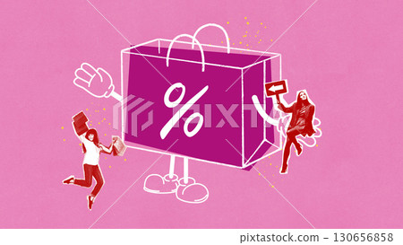 Bright collage. Purple shopping bag with percent sign and women shopping joyfully Bright collage. Purple shopping bag with percent sign and women shopping joyfully 130656858