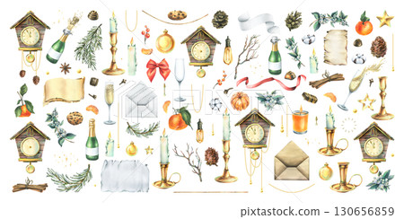 Hand-painted watercolor illustration big Christmas clip art collection with clock, champagne, candle, gifts, pine branches, ribbons, ornaments, scrolls and festive elements for winter holiday design. Hand-painted watercolor illustration big Christmas clip art collection with clock, champagne, candle, gifts, pine branches, ribbons, ornaments, scrolls and festive elements for winter holiday design. 130656859