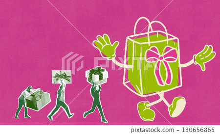 Colorful collage. Walking gift bag with bow and waving hands surrounded by people carrying presents Colorful collage. Walking gift bag with bow and waving hands surrounded by people carrying presents 130656865