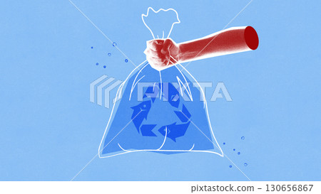 Graphic composition. Strong hand holding recycling bag with eco symbol on blue background Graphic composition. Strong hand holding recycling bag with eco symbol on blue background 130656867