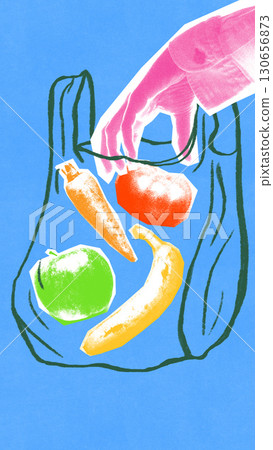 Colorful collage. Hand placing colorful fruits and vegetables into shopping bag on blue background 130656873