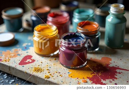 Gouache paint on artist desktop, art tool for hobby of drawing. AI Generative 130656993