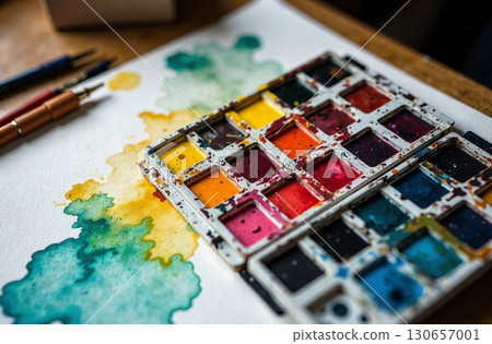 Watercolor paint on artist desktop, art tool for hobby of drawing. AI Generative 130657001