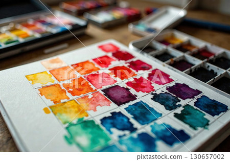 Watercolor paint on artist desktop, art tool for hobby of drawing. AI Generative 130657002