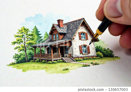 Hand hold brush and draw house, art tool for hobby of drawing. AI Generative 130657003