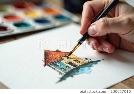 Hand hold brush and draw house, art tool for hobby of drawing. AI Generative 130657010