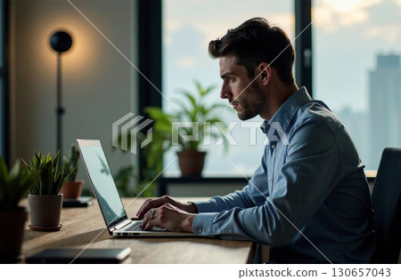 Man Worker Work on Laptop Desk Office, remote work on notebook. AI Generative Man Worker Work on Laptop Desk Office, remote work on notebook. AI Generative 130657043