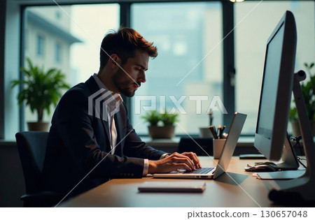 Man Worker Work on Laptop Desk Office, remote work on notebook. AI Generative 130657048