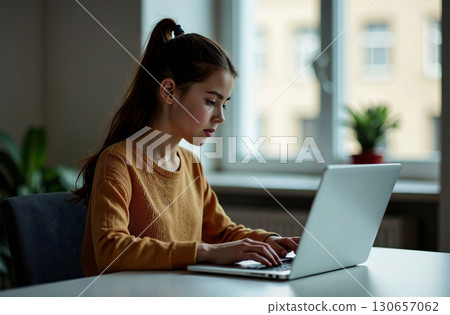 Woman Worker Work on Laptop Desk Office, remote work on notebook. AI Generative 130657062