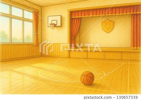 空蕩蕩的體育館和滾動的籃球 130657339
