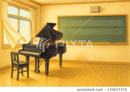 A music room (empty) with a piano and curtains fluttering in the wind 130657358