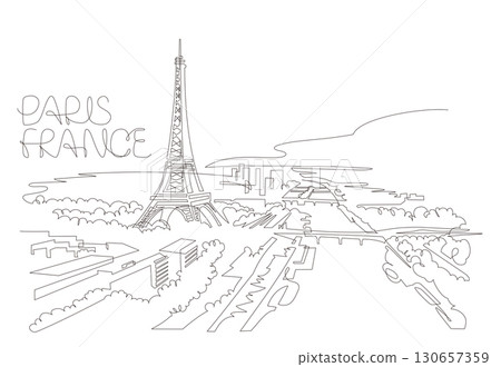 One-stroke drawing of Paris, France, with a view of the Eiffel Tower and the Seine River 130657359