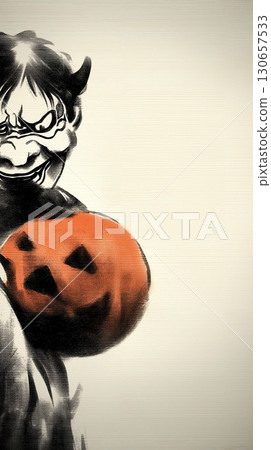 半身惡魔與萬聖節南瓜-水墨畫風格設計 半身惡魔與萬聖節南瓜-水墨畫風格設計 130657533
