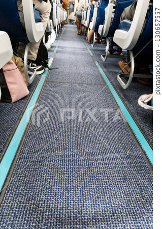 Airplane cabin carpeted floor with reflective and illuminated guide lines for evacuation during emergency 130657557