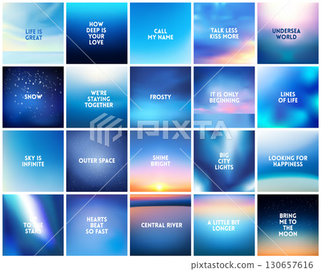 BIG set of 20 square blurred nature blue backgrounds. With various quotes. Sunset and sunrise sea sky blurred blue background 130657616