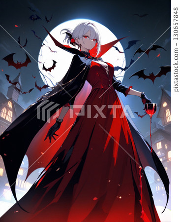 Illustration of a woman enjoying Halloween as a vampire Illustration of a woman enjoying Halloween as a vampire 130657848