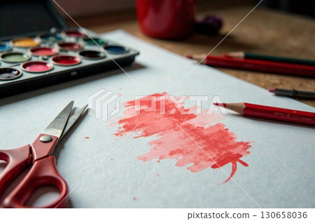 Watercolor paint on artist desktop, art tool for hobby of drawing. AI Generative 130658036