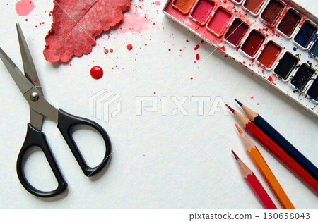 Watercolor paint on artist desktop, art tool for hobby of drawing. AI Generative 130658043