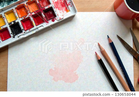 Watercolor paint on artist desktop, art tool for hobby of drawing. AI Generative 130658044