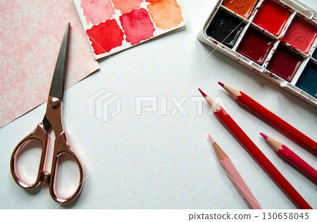 Watercolor paint on artist desktop, art tool for hobby of drawing. AI Generative 130658045