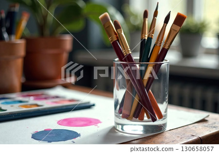Paint Brush on artist desktop, art tool for hobby of drawing. AI Generative 130658057