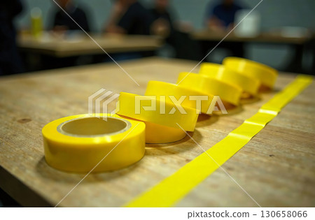 Adhesive tape for packaging, workplace desk in office. AI Generative 130658066