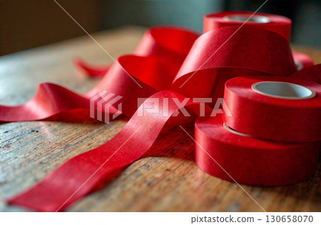 Adhesive tape for packaging, workplace desk in office. AI Generative 130658070