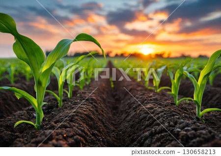 Young corn seedlings growing in fertile soil at sunset in cultivated agricultural field 130658213