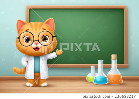 Cartoon cat teacher wearing lab coat and glasses is teaching chemistry in classroom Cartoon cat teacher wearing lab coat and glasses is teaching chemistry in classroom 130658217