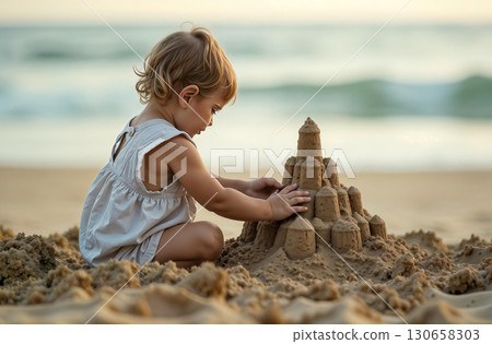 Little girl playing in sand on beach by sea, childhood toddler. AI Generative 130658303