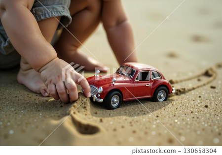 Little boy playing in sand on beach by sea, childhood toddler. AI Generative 130658304