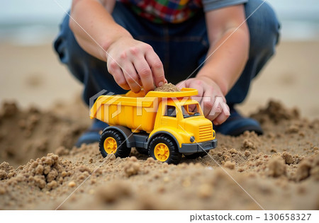 Little boy playing in sand on beach by sea, childhood toddler. AI Generative 130658327