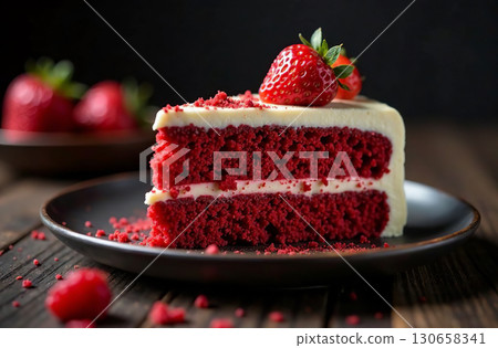 Piece cake red velvet dark background, dessert photo restaurant. AI Generative 130658341