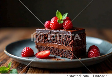 Piece classic chocolate cake, dessert photo restaurant bakery. AI Generative 130658342