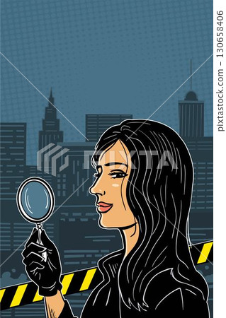 Noir detective woman with magnifying glass poster 130658406