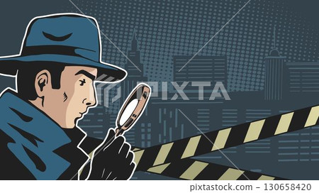 Noir detective man with magnifying glass banner 130658420