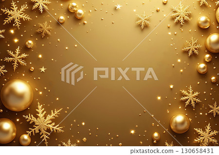Christmas frame with shiny pearls, glittering snowflakes and sparkling stars on warm gold background Christmas frame with shiny pearls, glittering snowflakes and sparkling stars on warm gold background 130658431