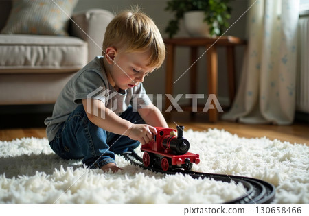Toy train on white carpet in playroom, child play with railroad. AI Generative 130658466