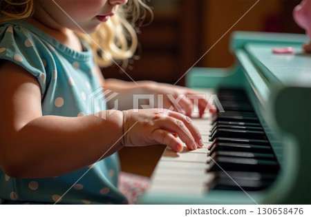 Child playing toy piano, young musician play music in playroom. AI Generative 130658476