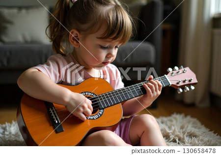 Child playing toy guitar, young musician play music in playroom. AI Generative 130658478