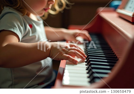 Child playing toy piano, young musician play music in playroom. AI Generative 130658479