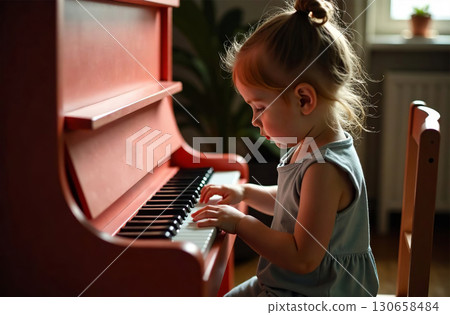 Child playing toy piano, young musician play music in playroom. AI Generative 130658484