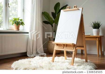 Kid Toy Drawing Board In Playroom, white carpet in children room. AI Generative 130658505