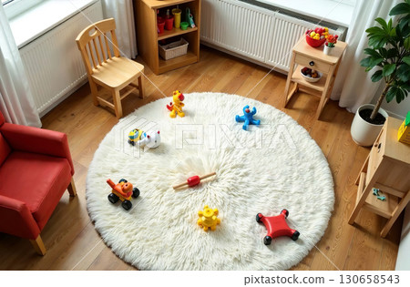 Children playroom, colorful toys lying on white carpet in bedroom. AI Generative 130658543