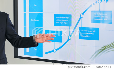 A male business person giving an explanation in front of a large screen monitor 130658644