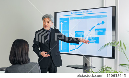 A middle-aged male business person giving an explanation in front of a large screen monitor A middle-aged male business person giving an explanation in front of a large screen monitor 130658645