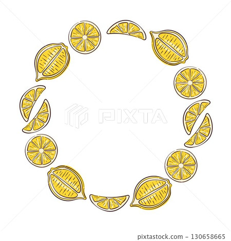 Circular frame of flat style lemon slice on white background for food package. Circular frame of flat style lemon slice on white background for food package. 130658665